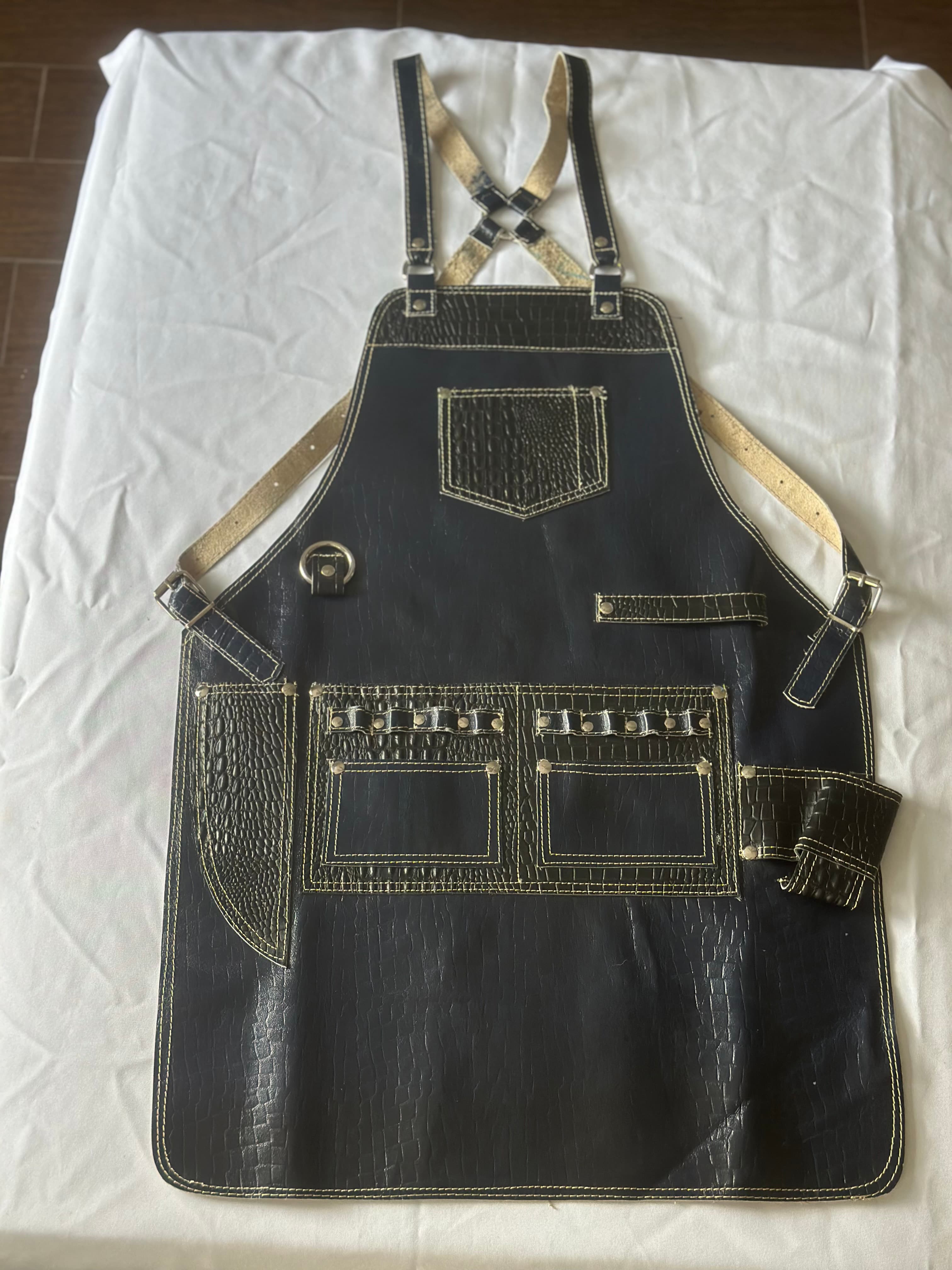 Black Crocodile-Embossed Leather Apron with Riveted Pockets