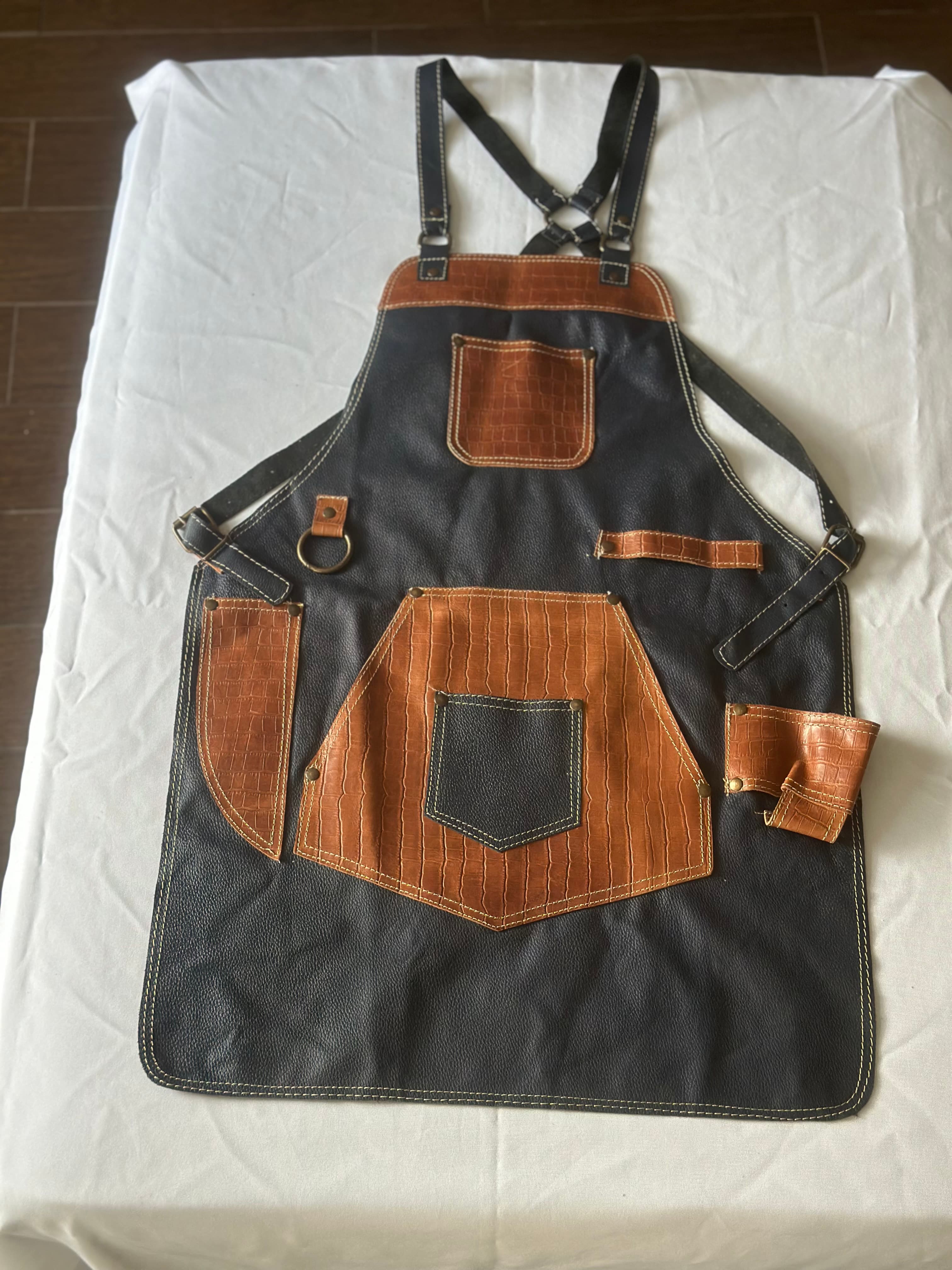 Black Leather Apron with Cognac Crocodile Pocket Panel