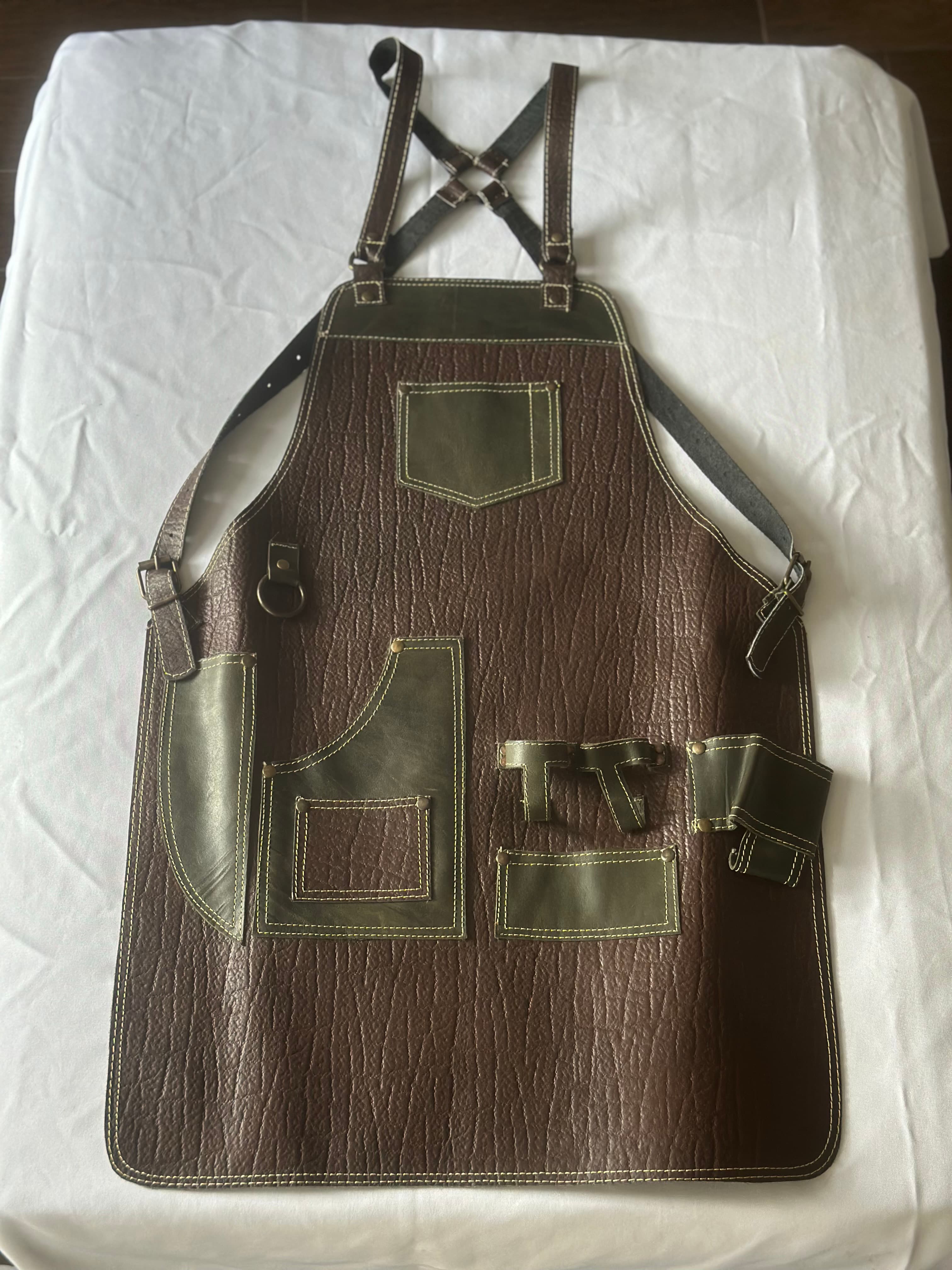 Bronze Leather Apron with Olive Green Pockets