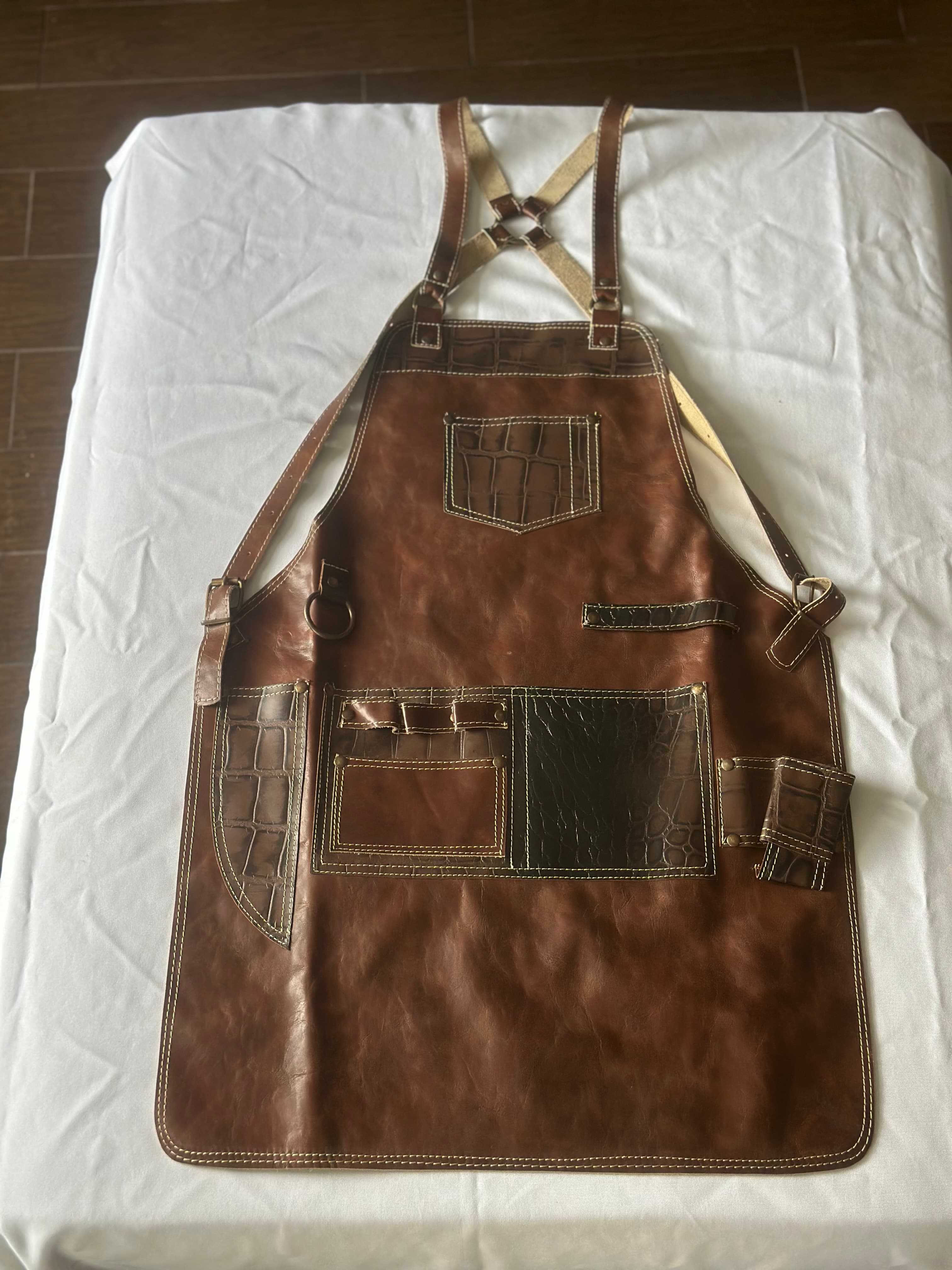 Chocolate Leather Apron with Olive Studded Pockets
