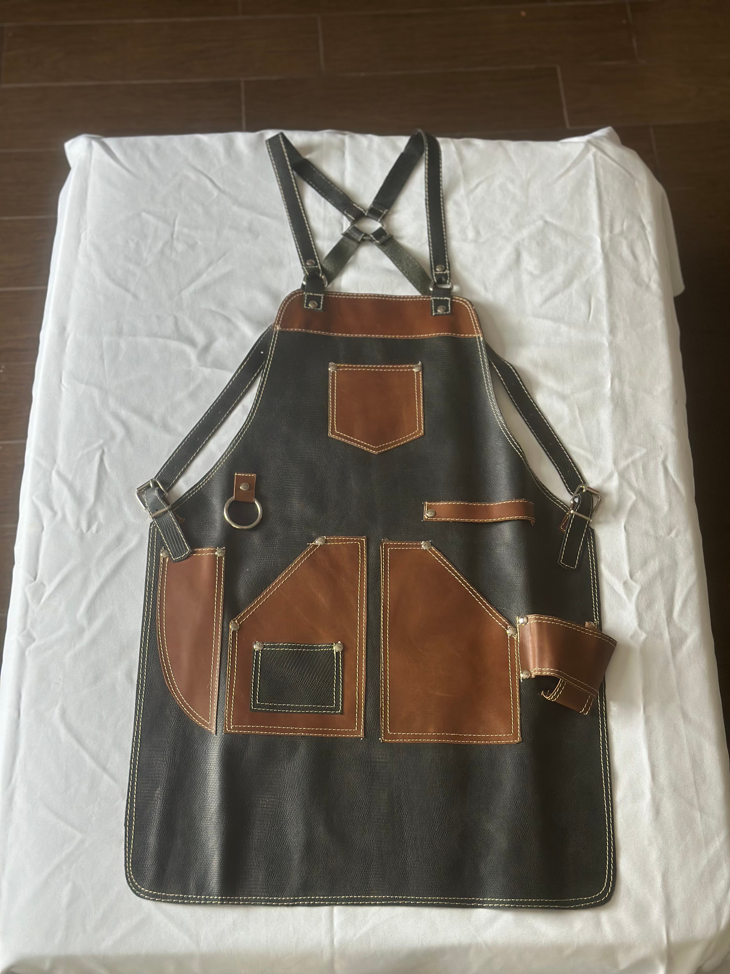 Classic Black Leather Apron with Cognac Trim