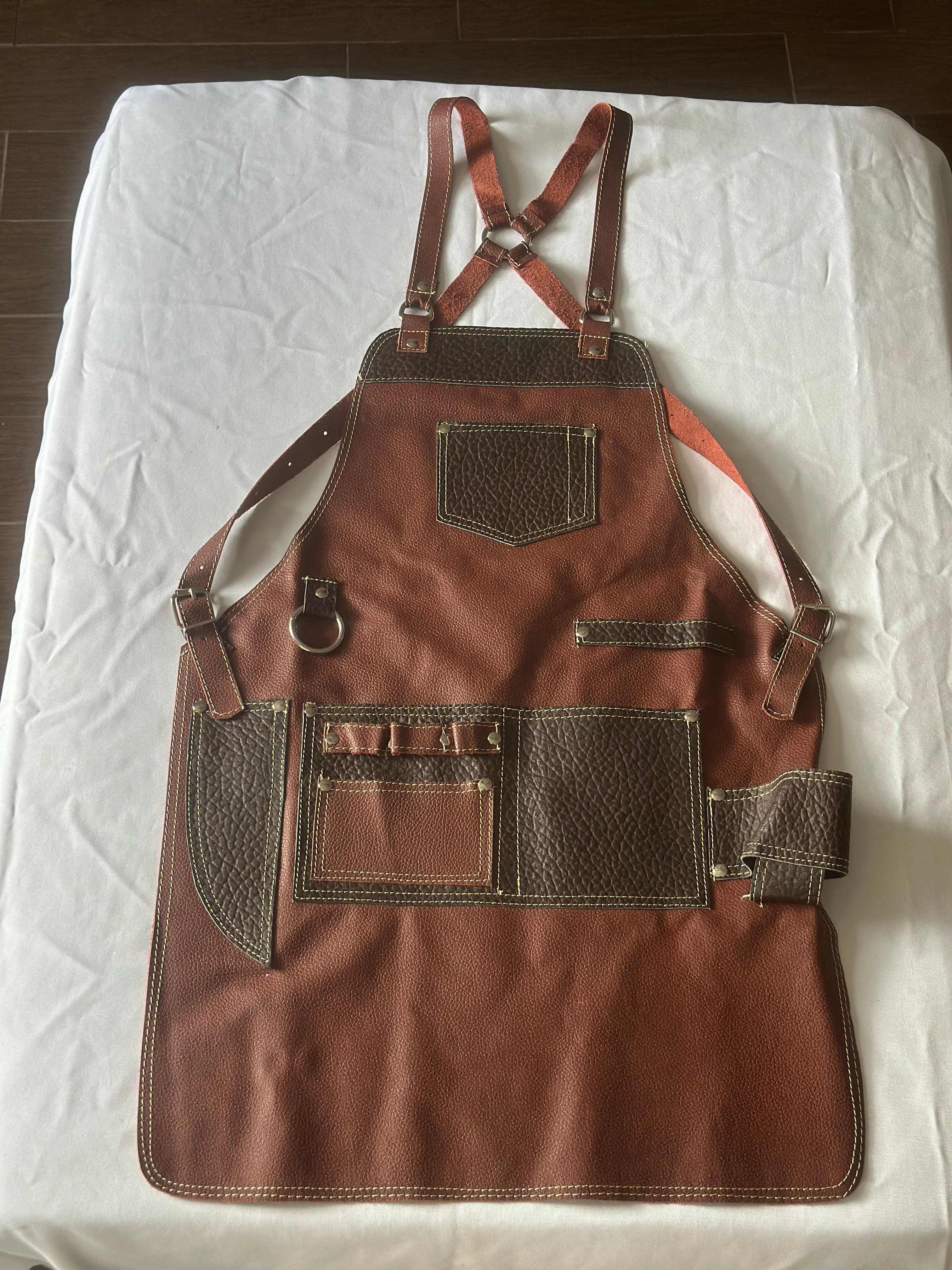Cognac Leather Apron with Espresso Pocket Trim