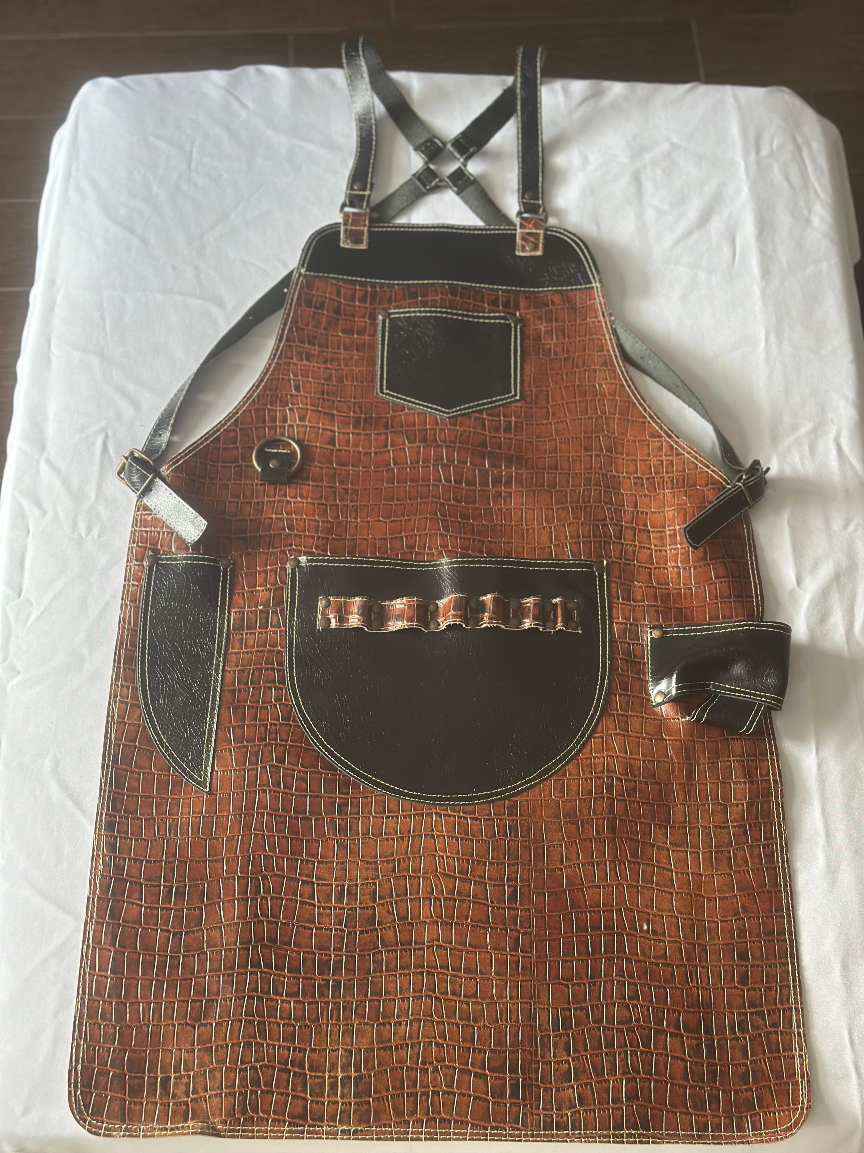 Copper Crocodile-Embossed Leather Apron with Black Pockets
