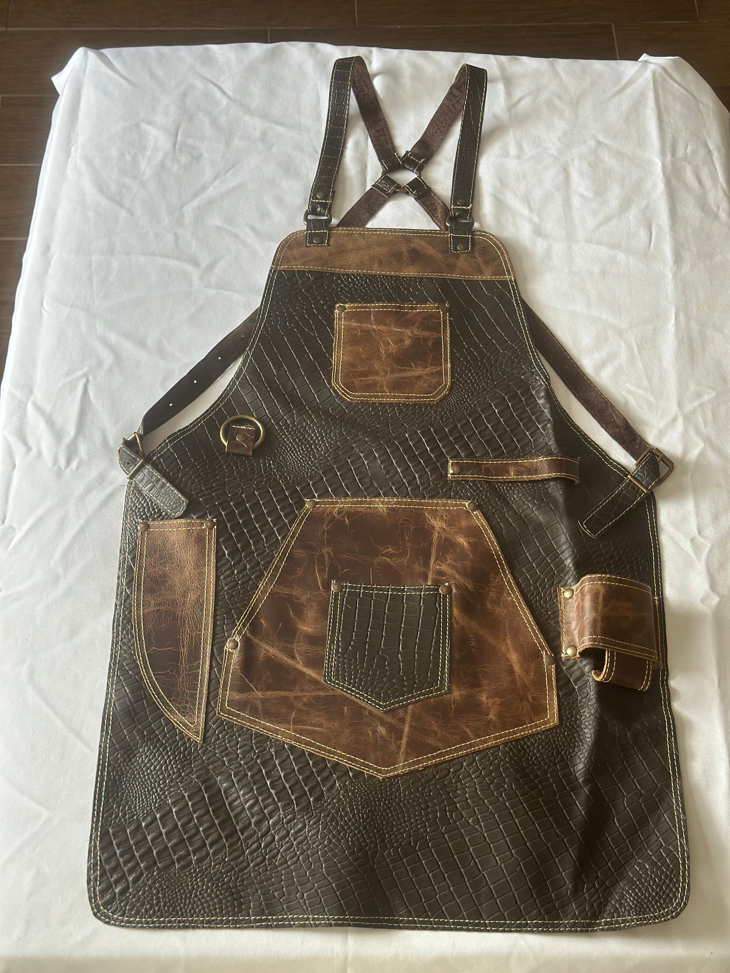 Dark Crocodile-Embossed Leather Apron with Walnut Pocket Panel