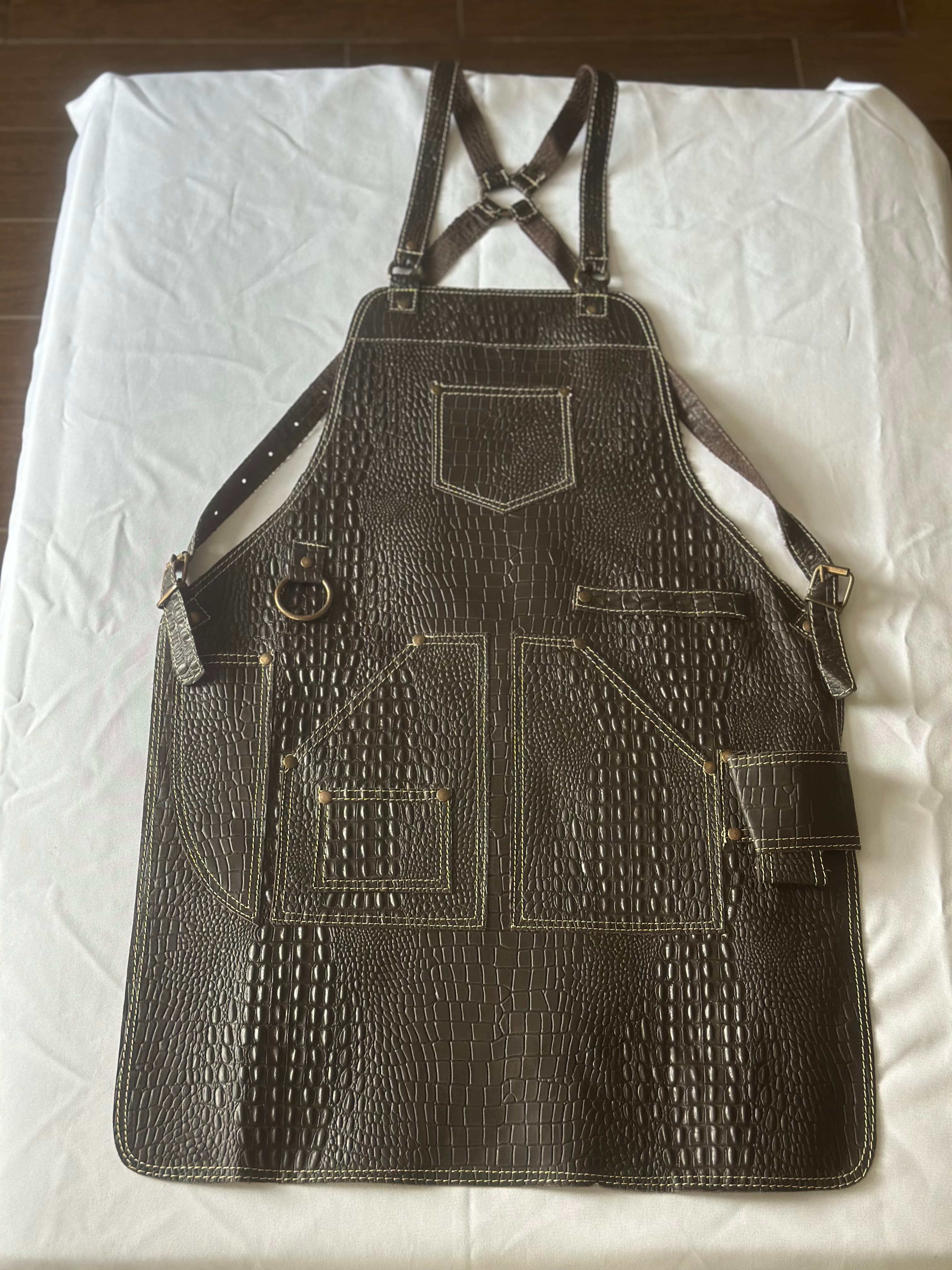 Espresso Crocodile-Embossed Leather Apron