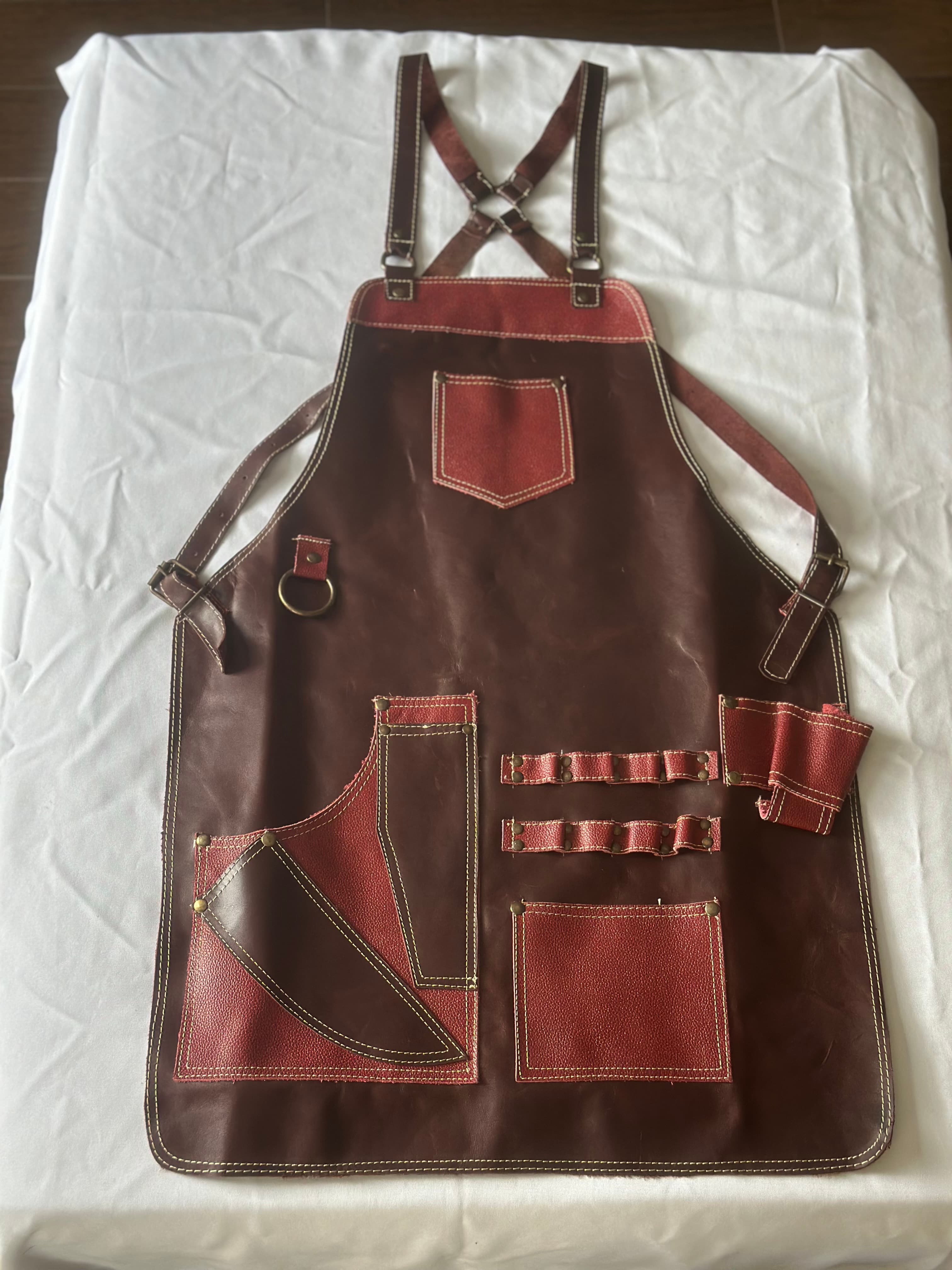 Espresso Leather Apron with Terracotta Pocket Trim