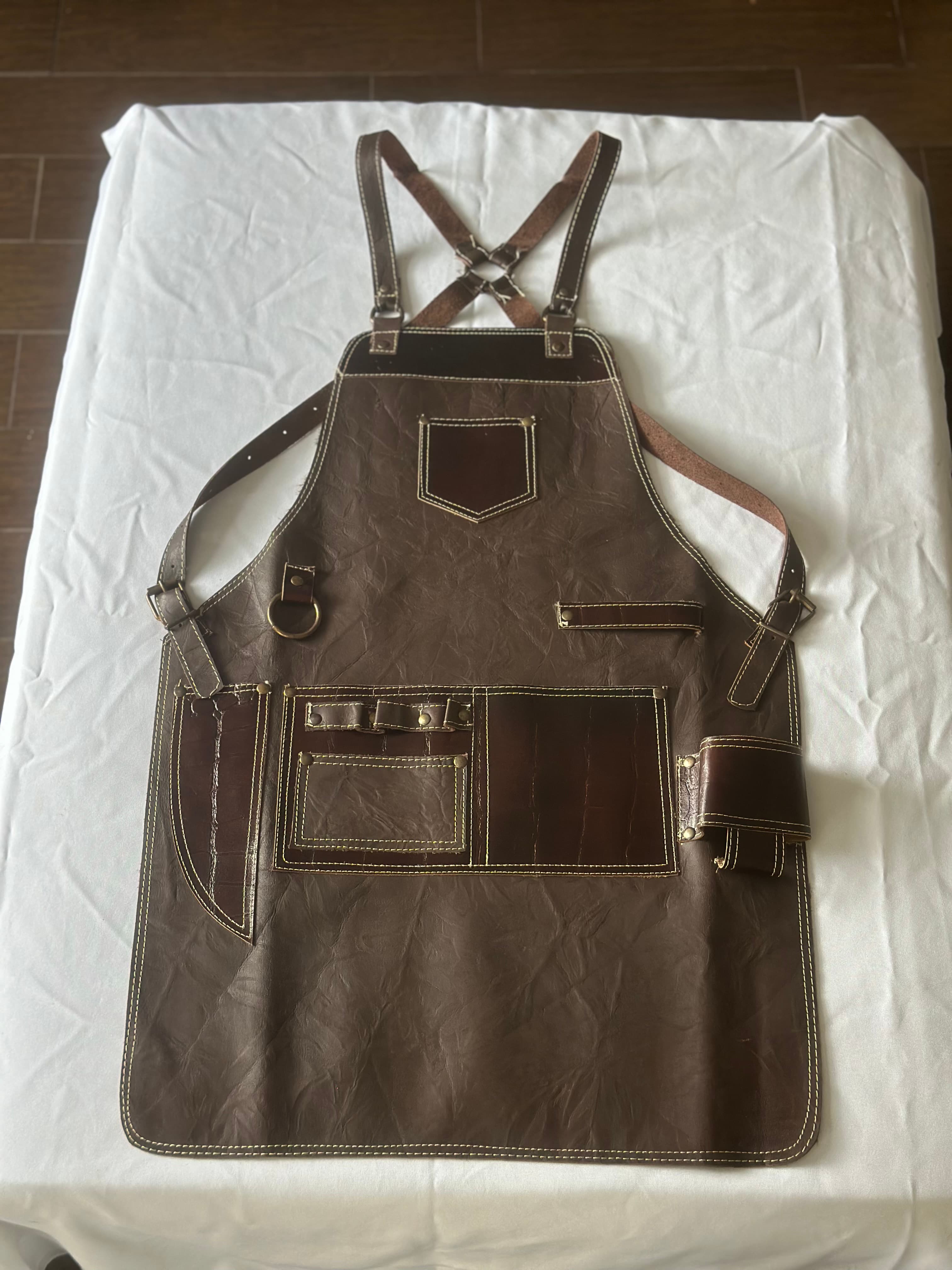 Espresso Leather Apron with Wine Pocket Trim