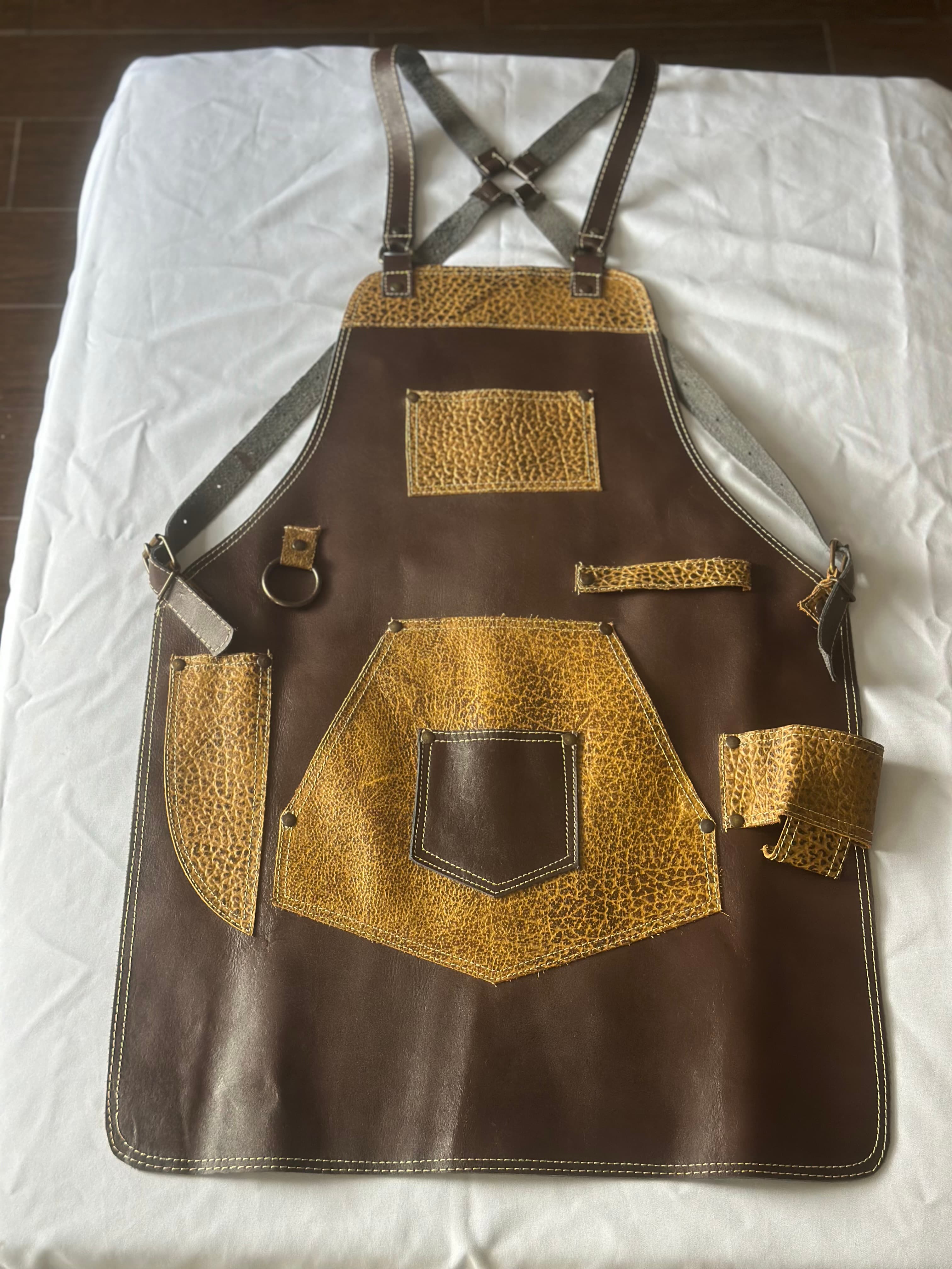 Honey Pebbled Leather Apron with Studded Trim
