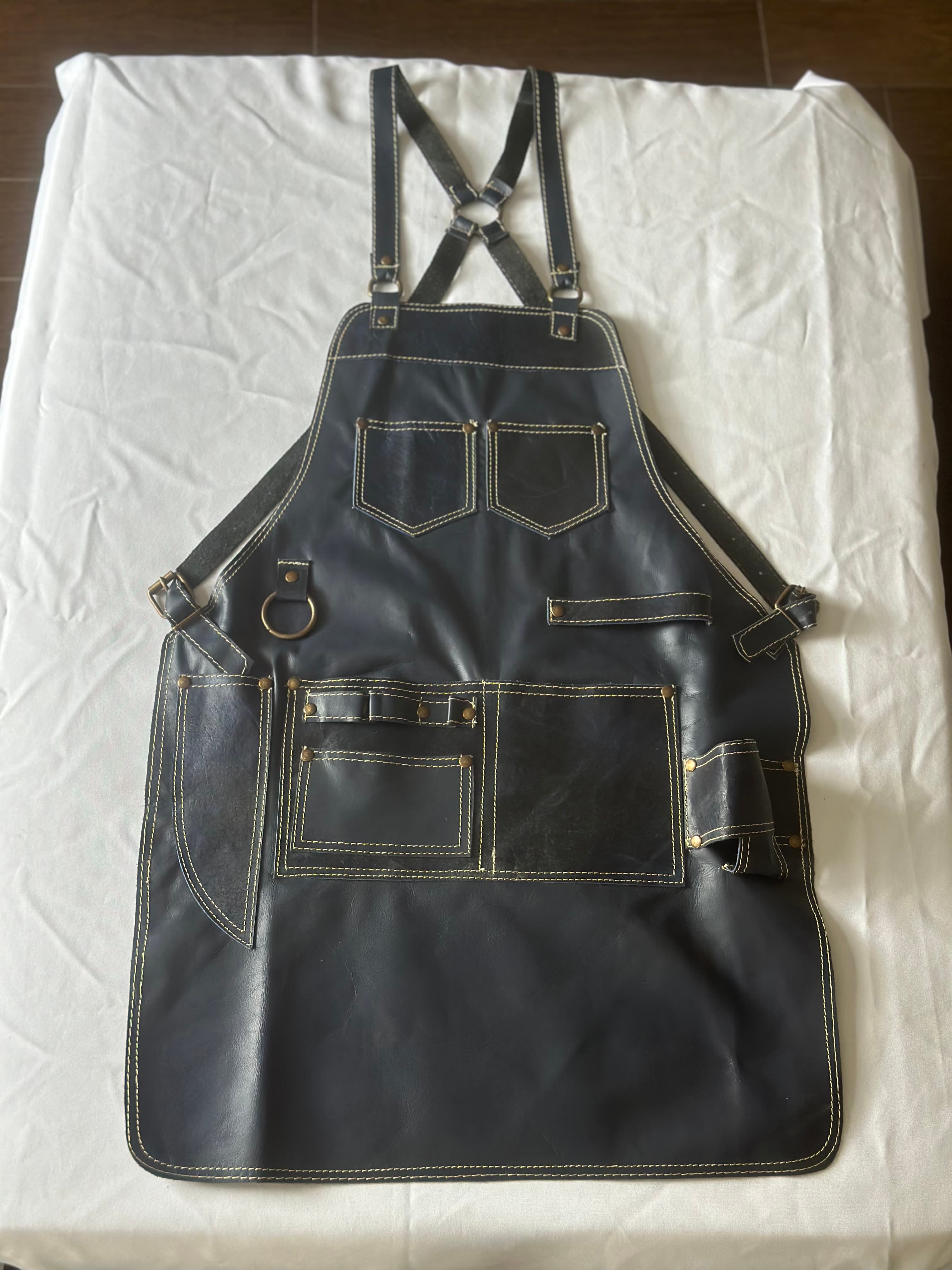 Onyx Black Leather Apron with Riveted Pockets