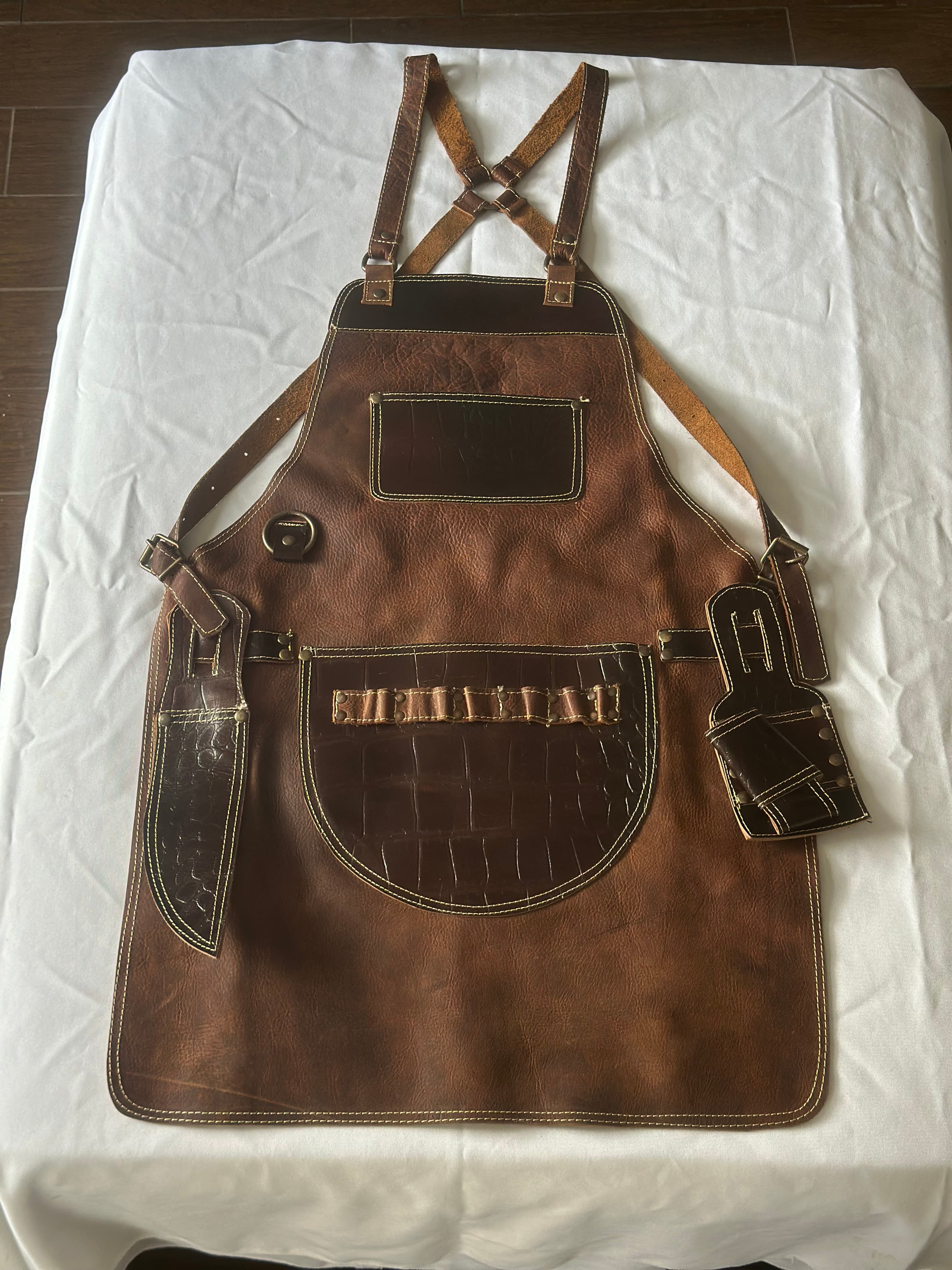 Saddle Brown Leather Apron with Black Croc Pocket Trim