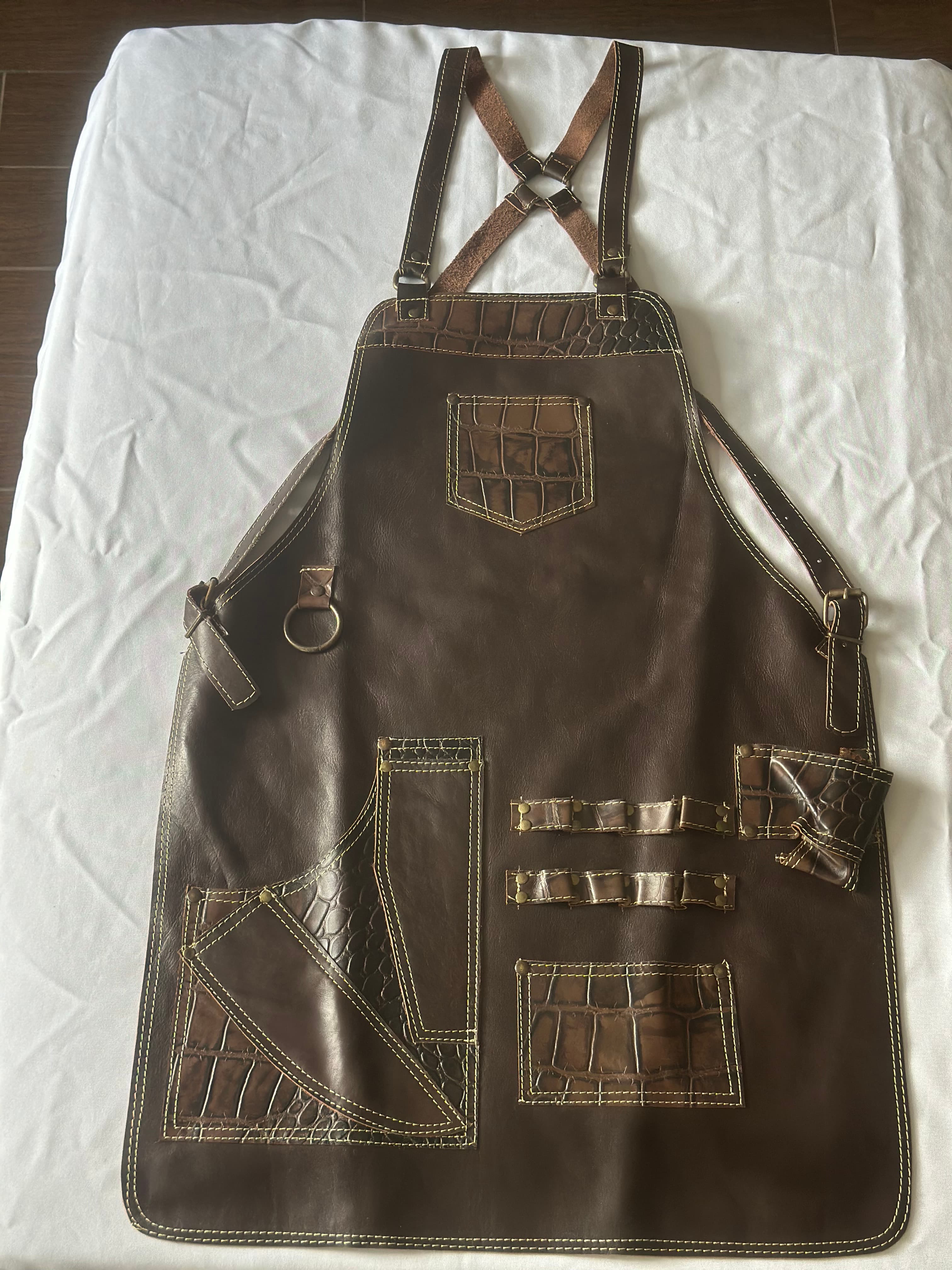 Umber Crocodile-Embossed Leather Apron