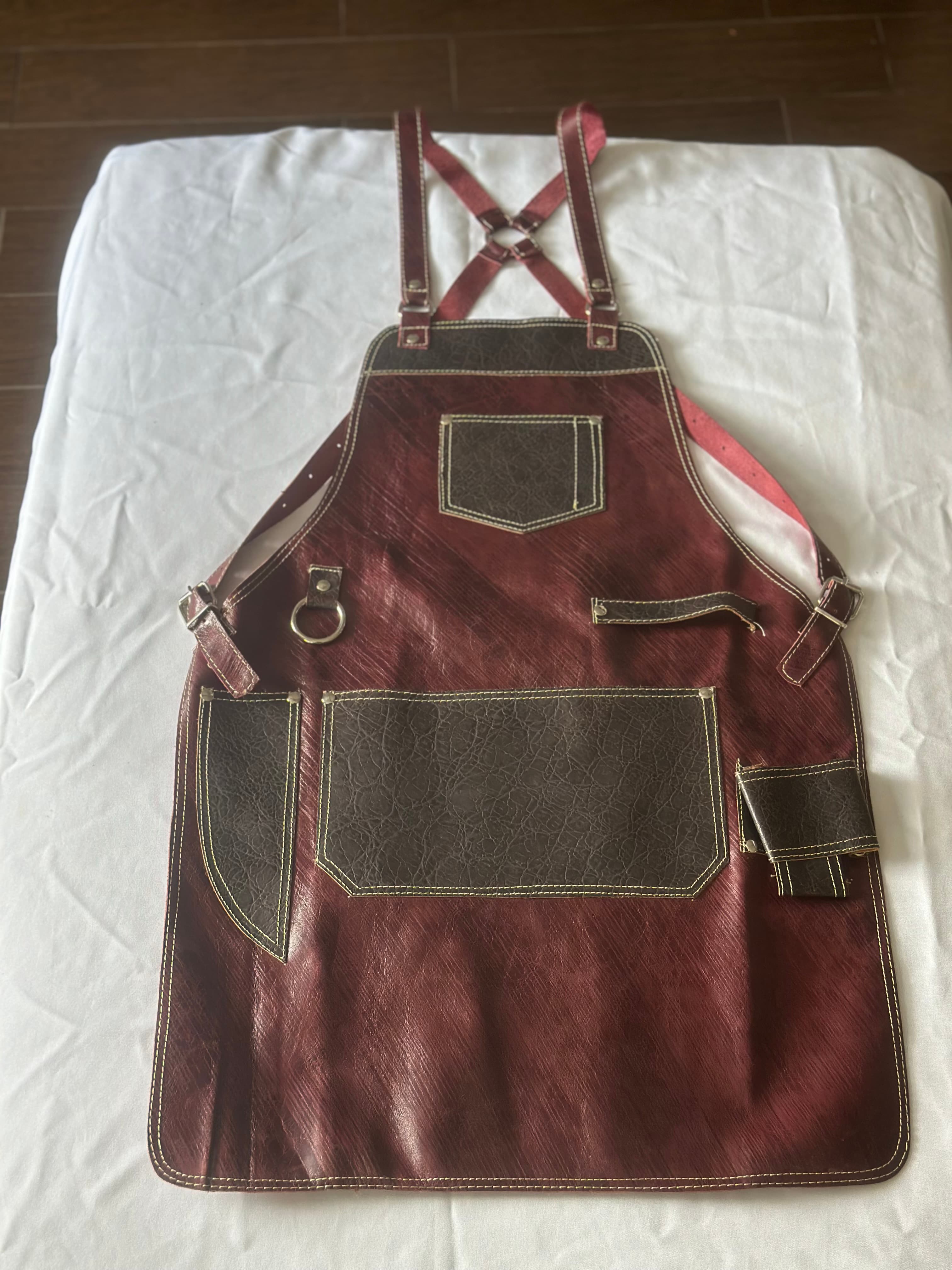 Wine Brushed Leather Apron with Black Crackle Pockets