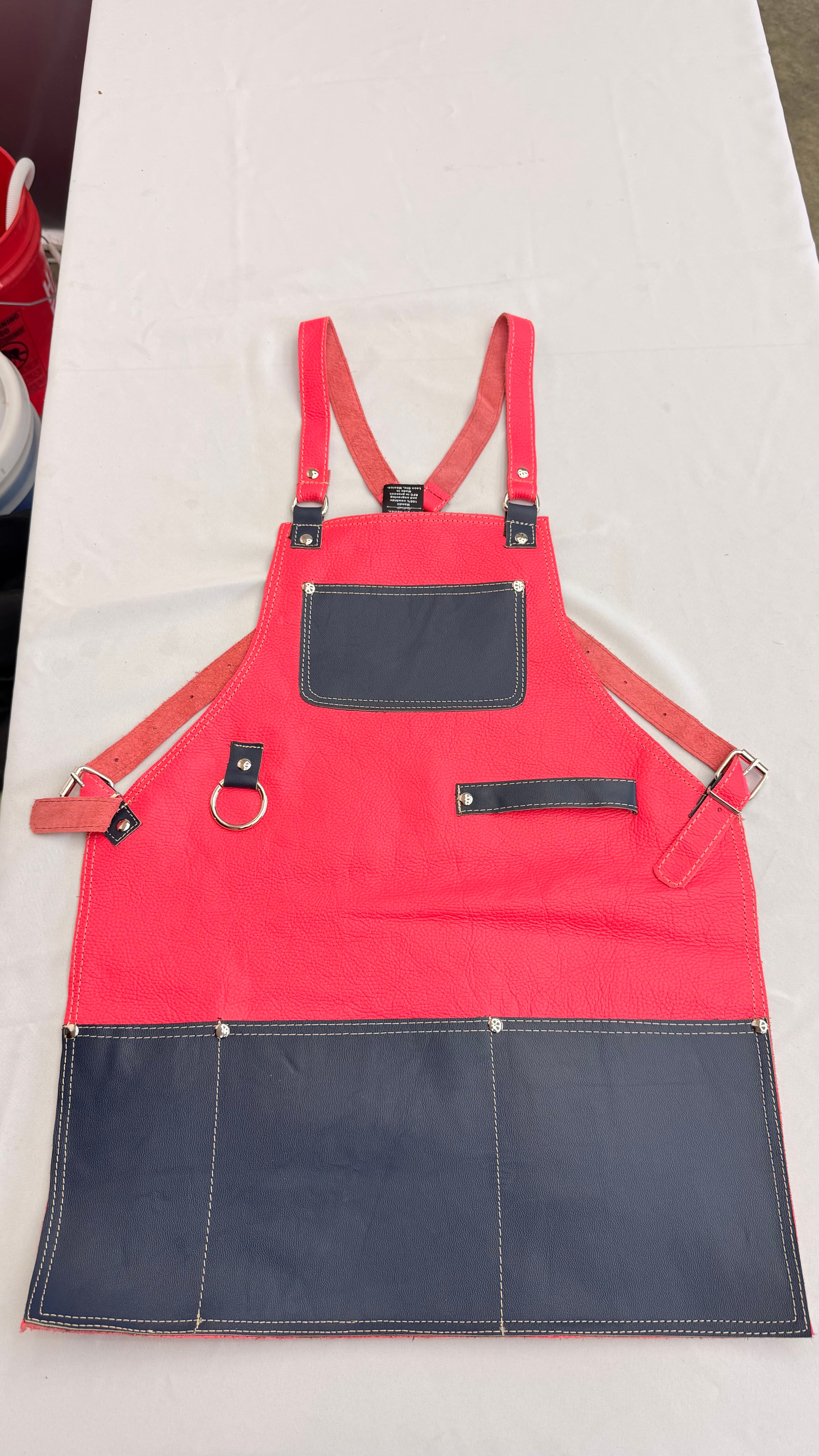 Coral Red Leather Apron with Navy Trim