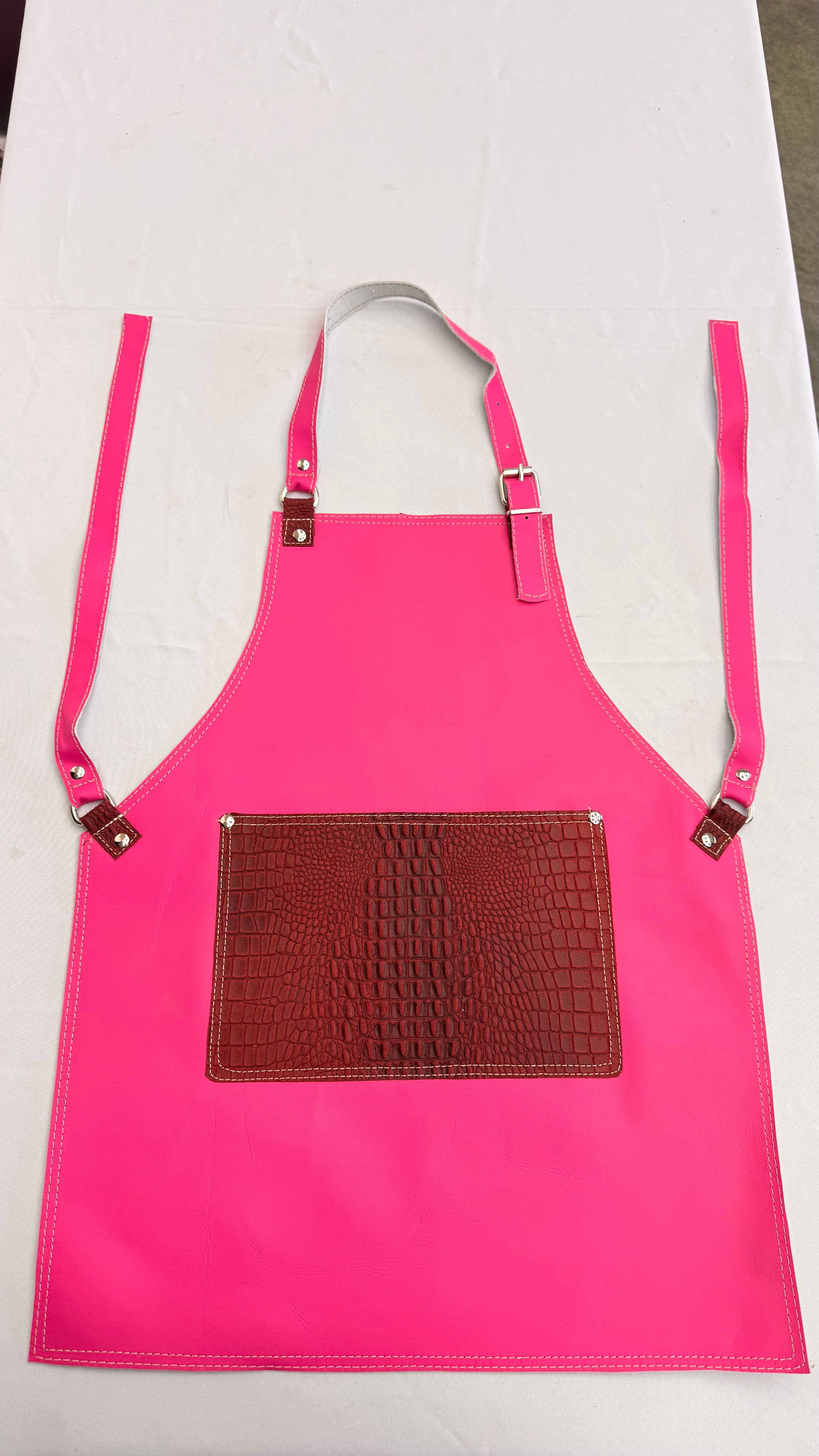 Hot Pink Leather Apron with Crocodile-Embossed Brown Pocket
