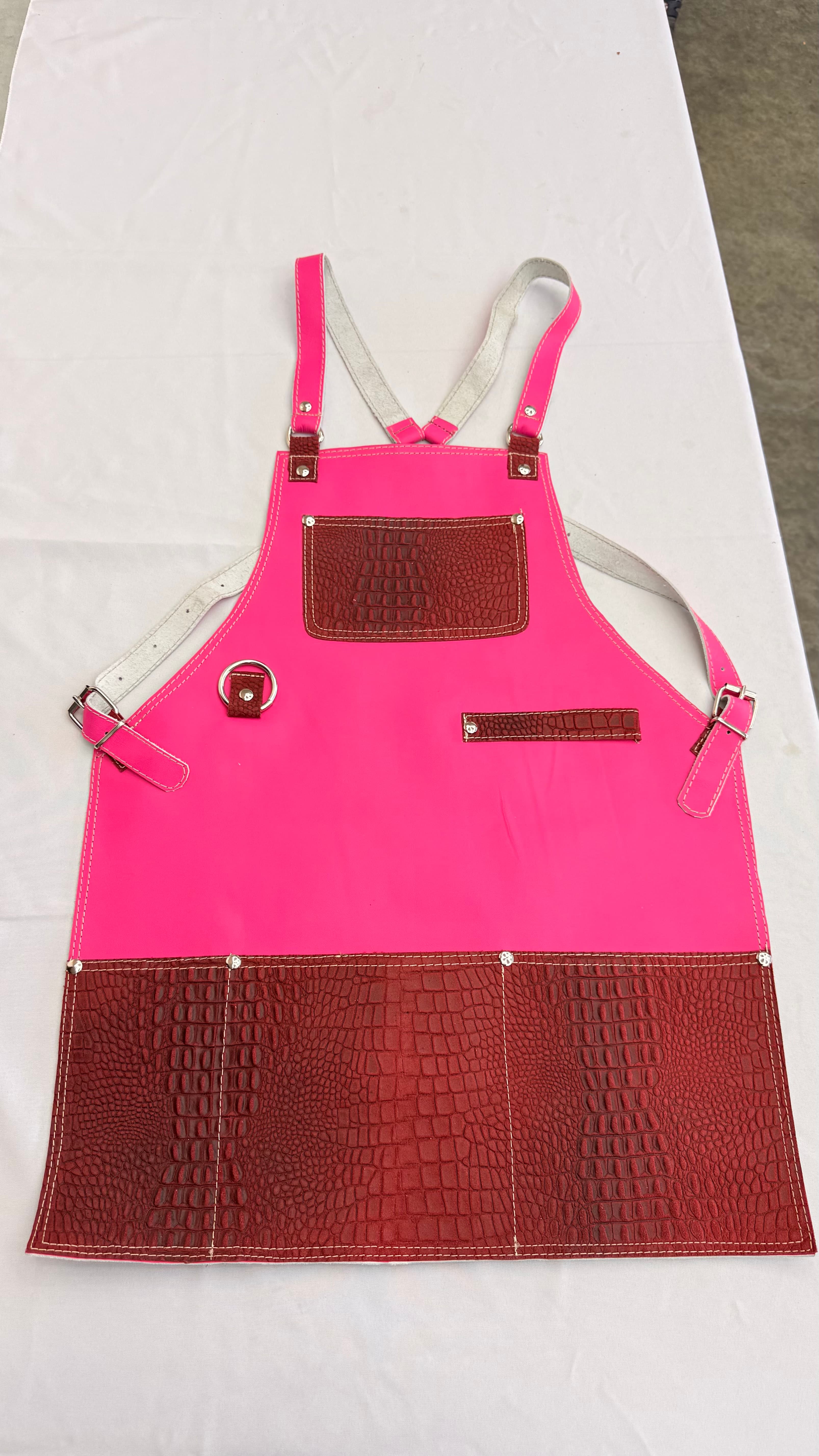 Hot Pink Leather Apron with Crocodile-Embossed Burgundy Trim