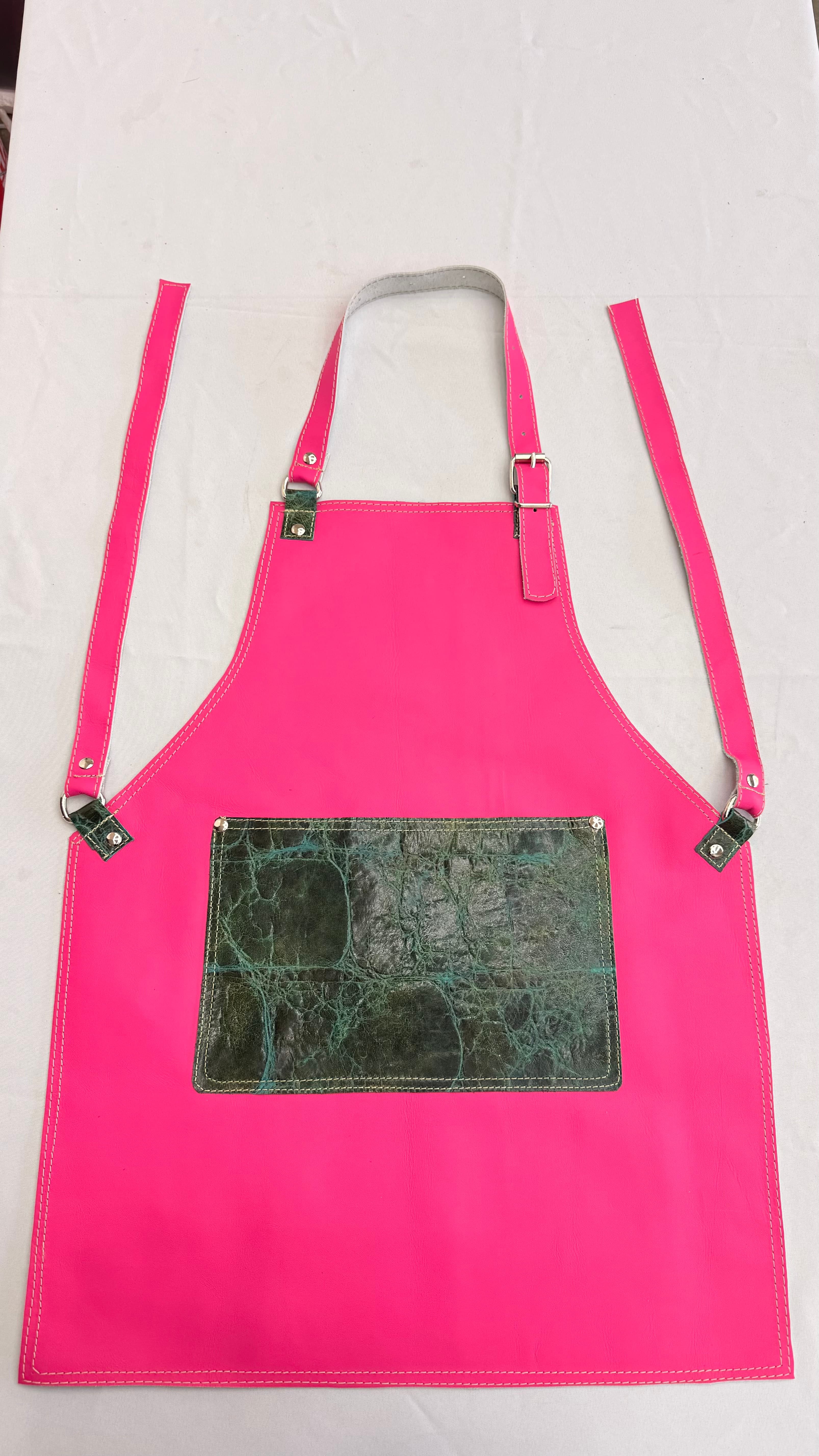Hot Pink Leather Apron with Crocodile-Embossed Green Pocket