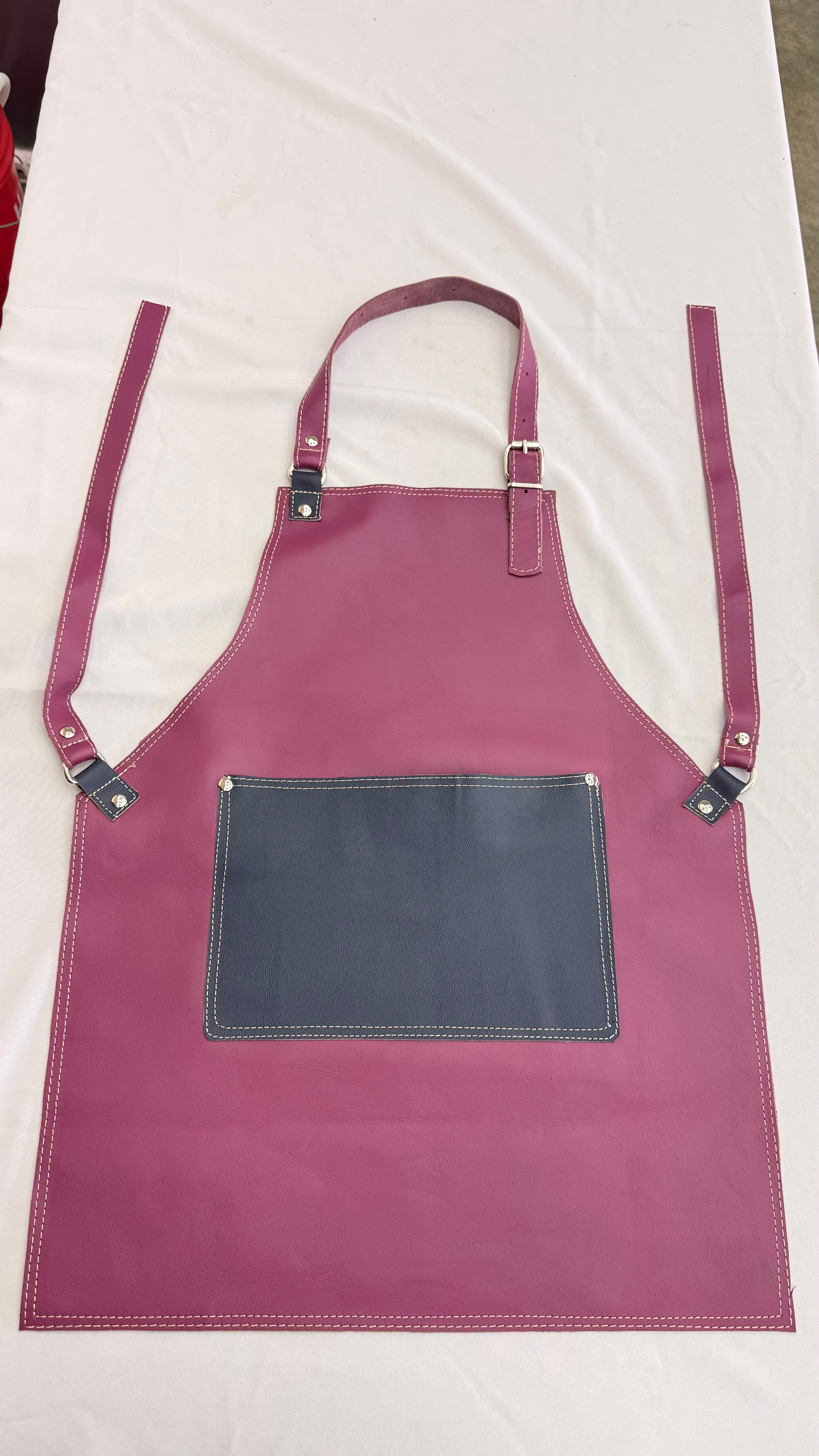Magenta Leather Apron with Navy Pocket