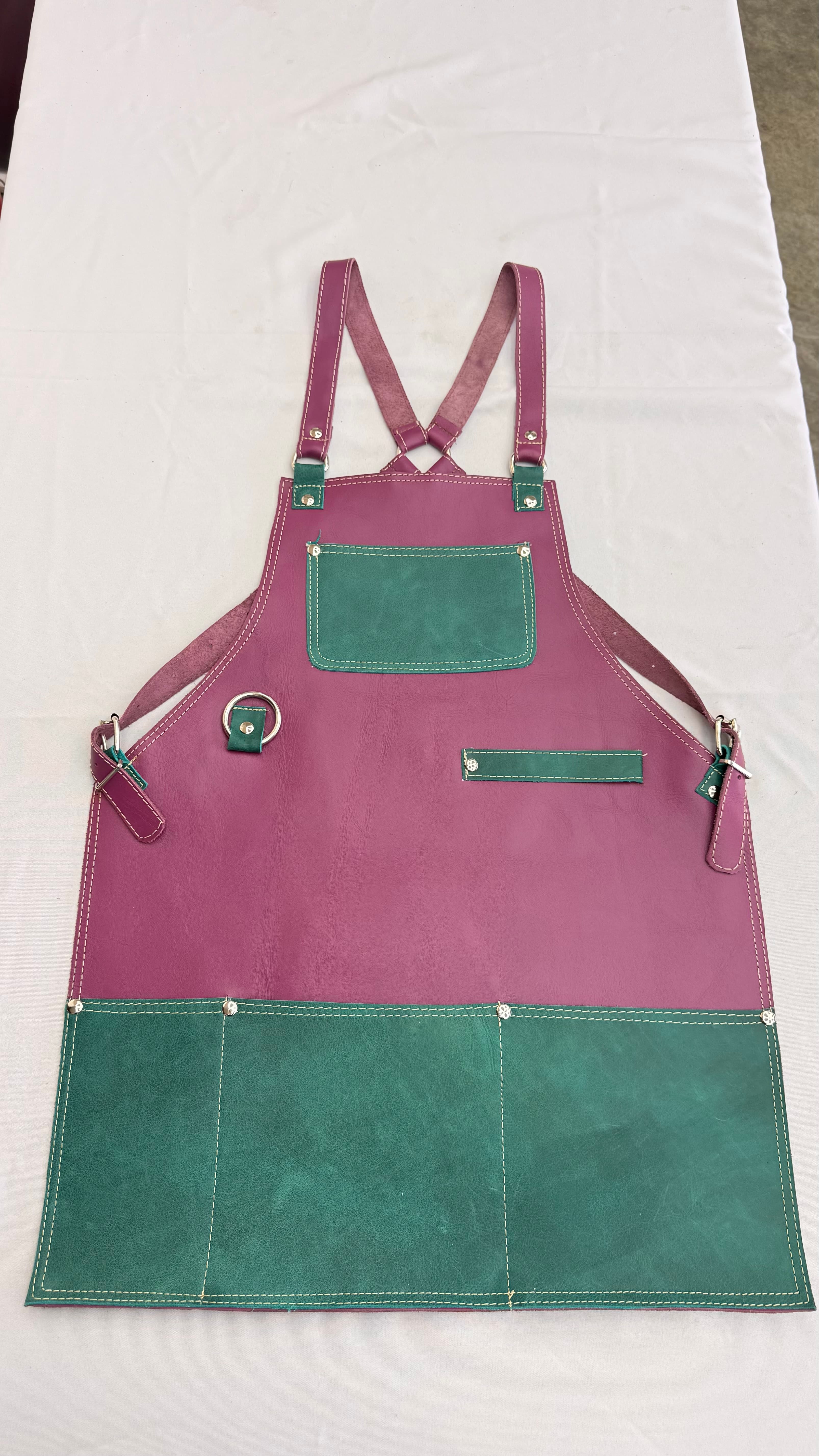 Orchid Leather Apron with Emerald Trim