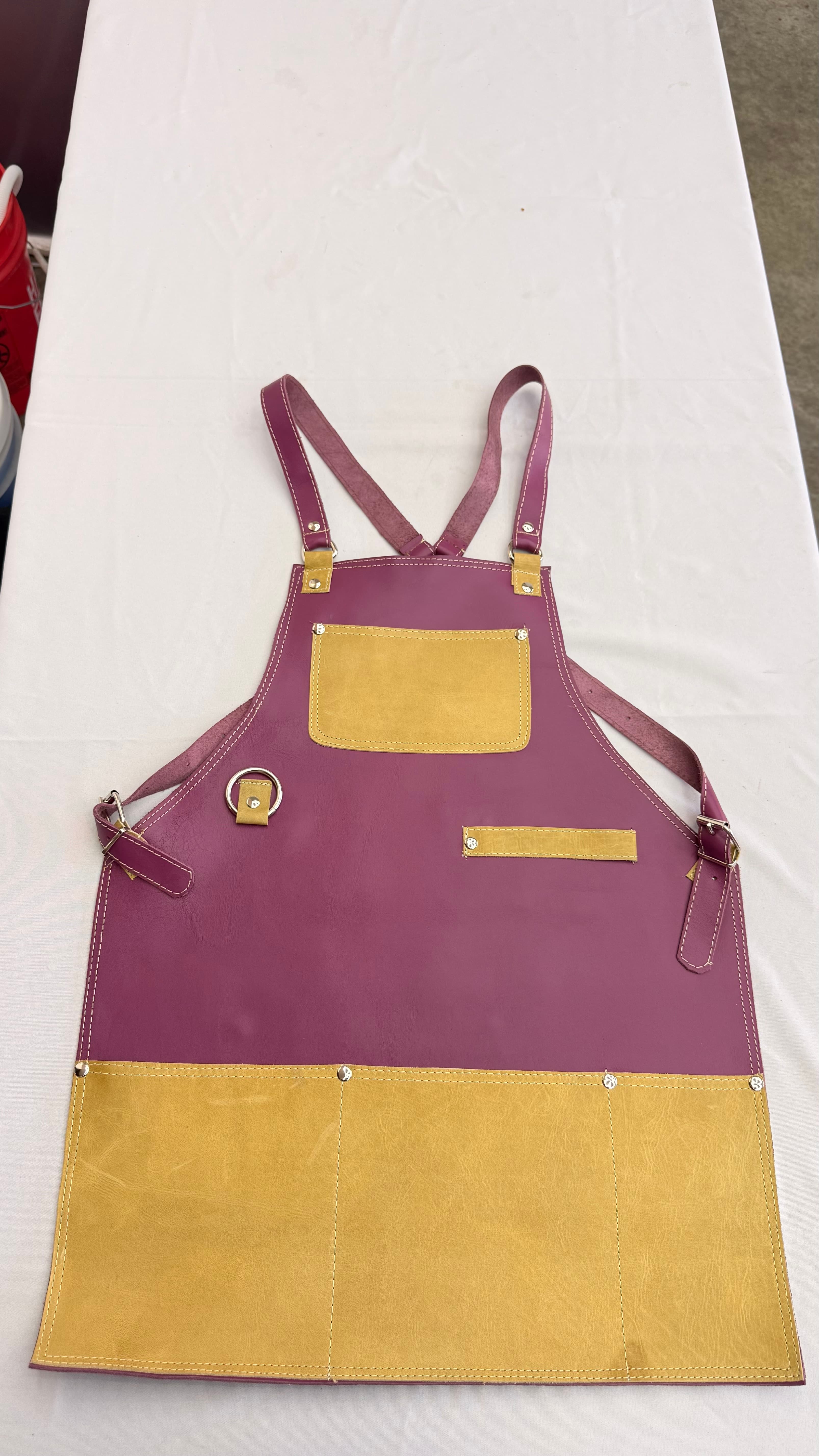 Plum Leather Apron with Mustard Trim