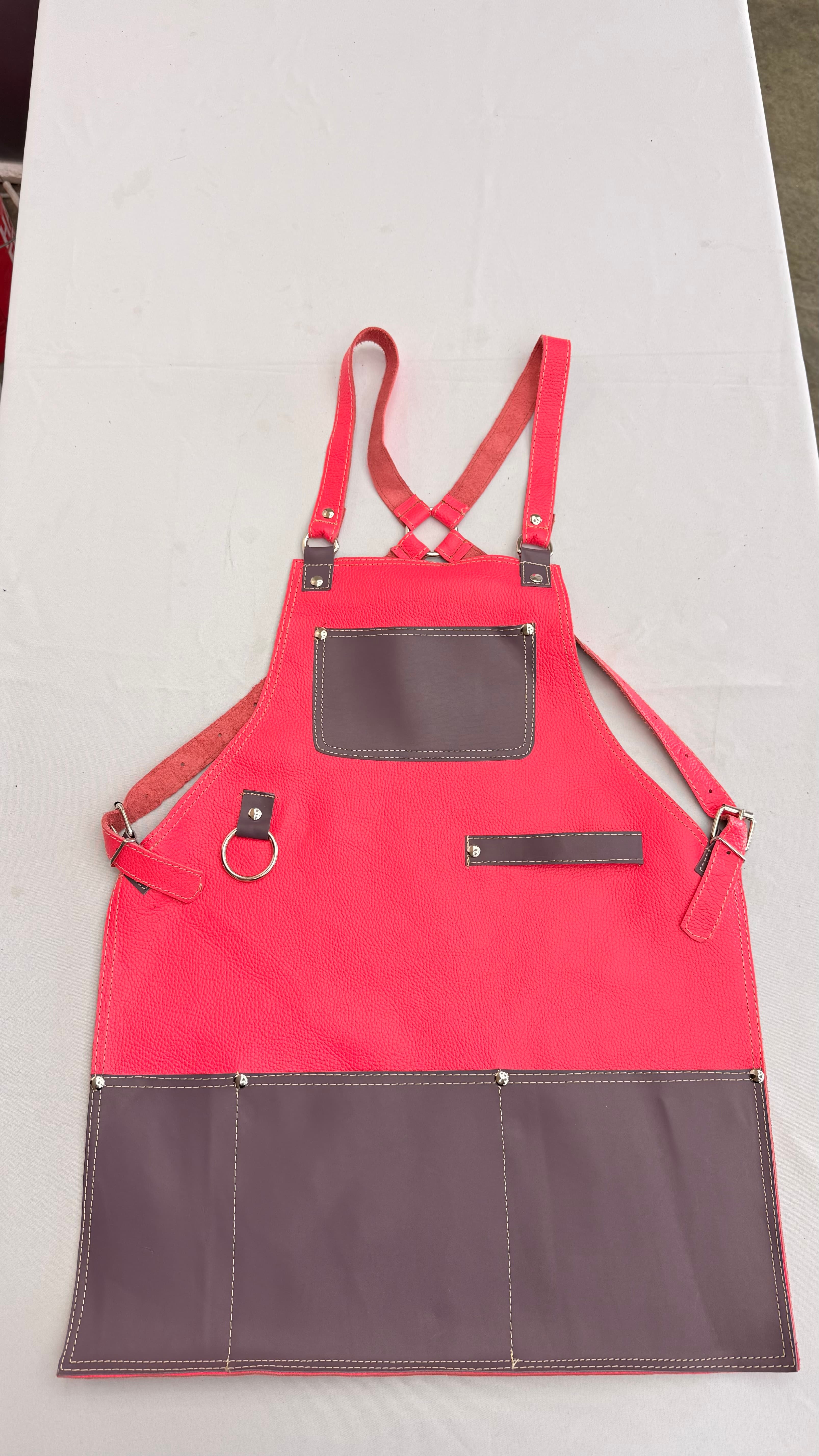Salmon Leather Apron with Taupe Trim