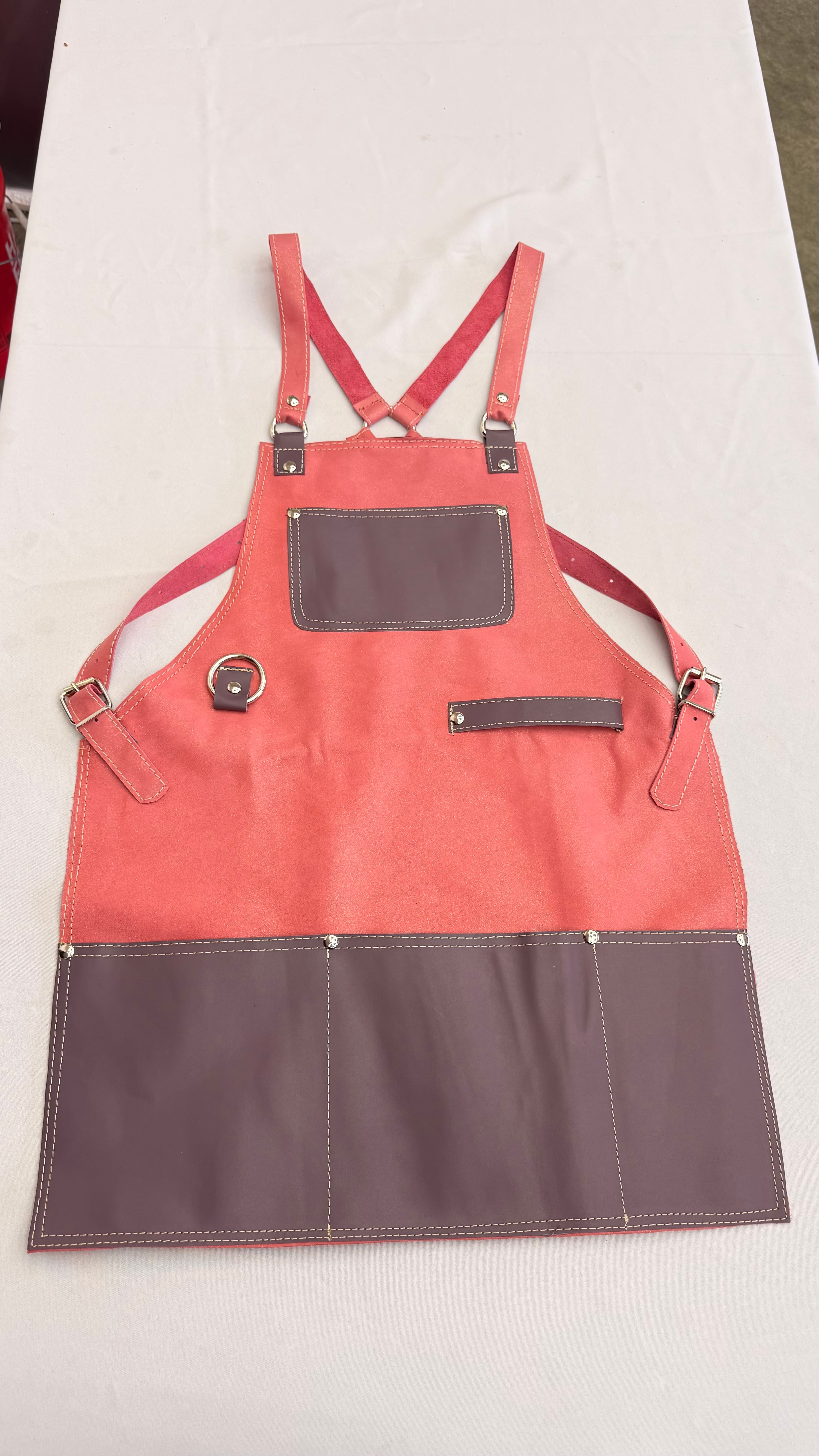Terracotta Leather Apron with Mauve Trim