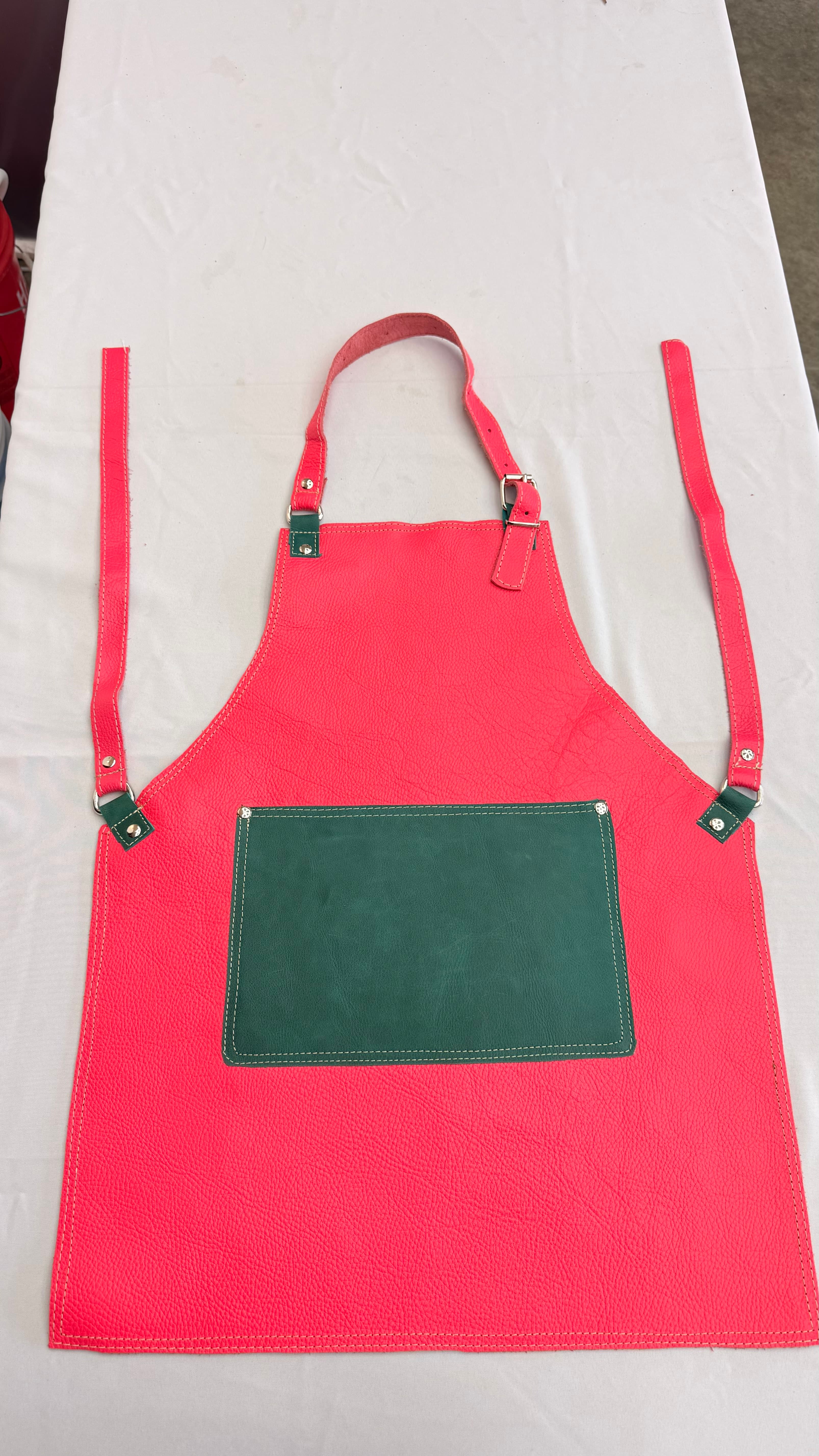 Watermelon Leather Apron with Forest Green Pocket