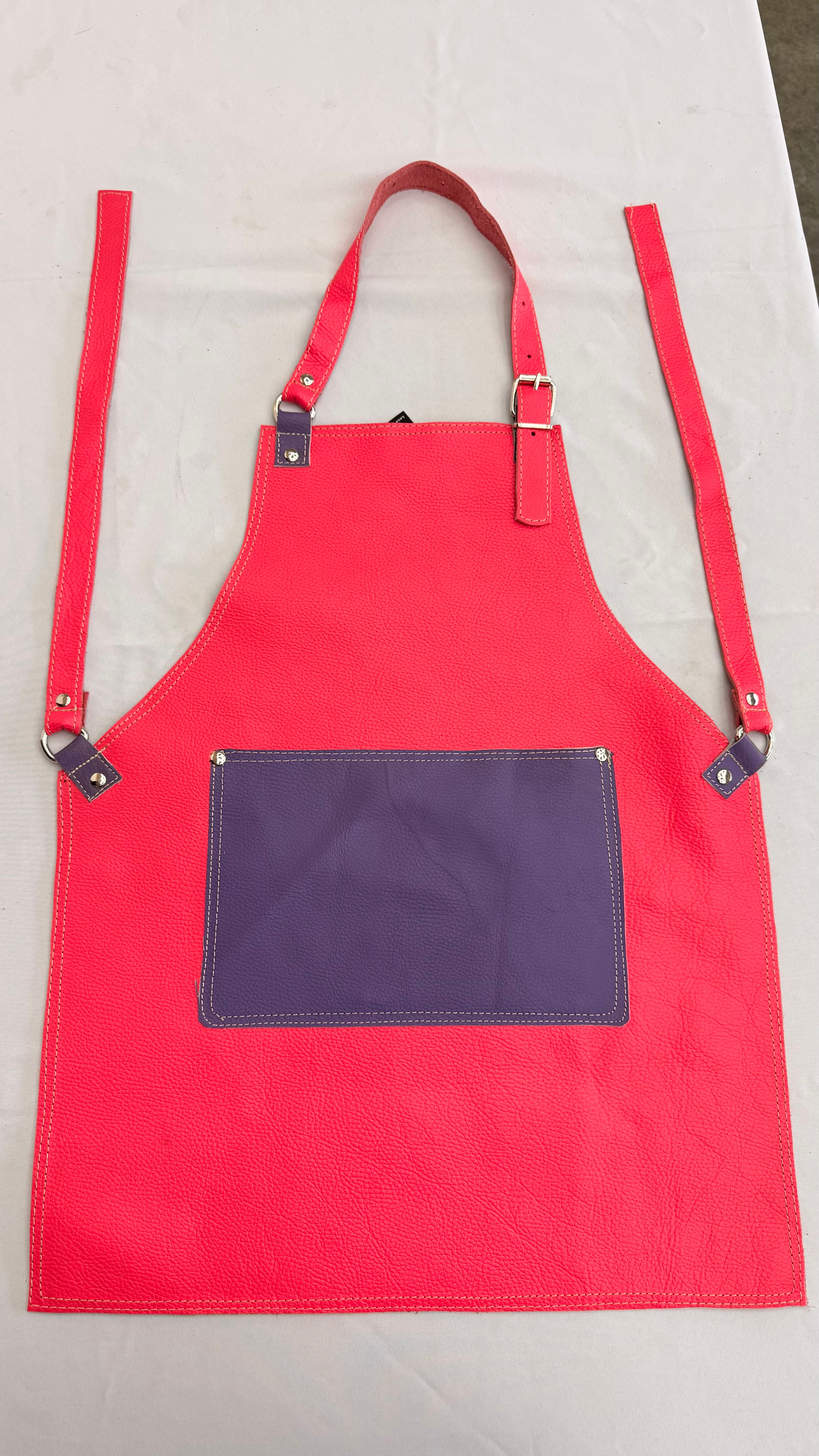 Watermelon Leather Apron with Plum Pocket