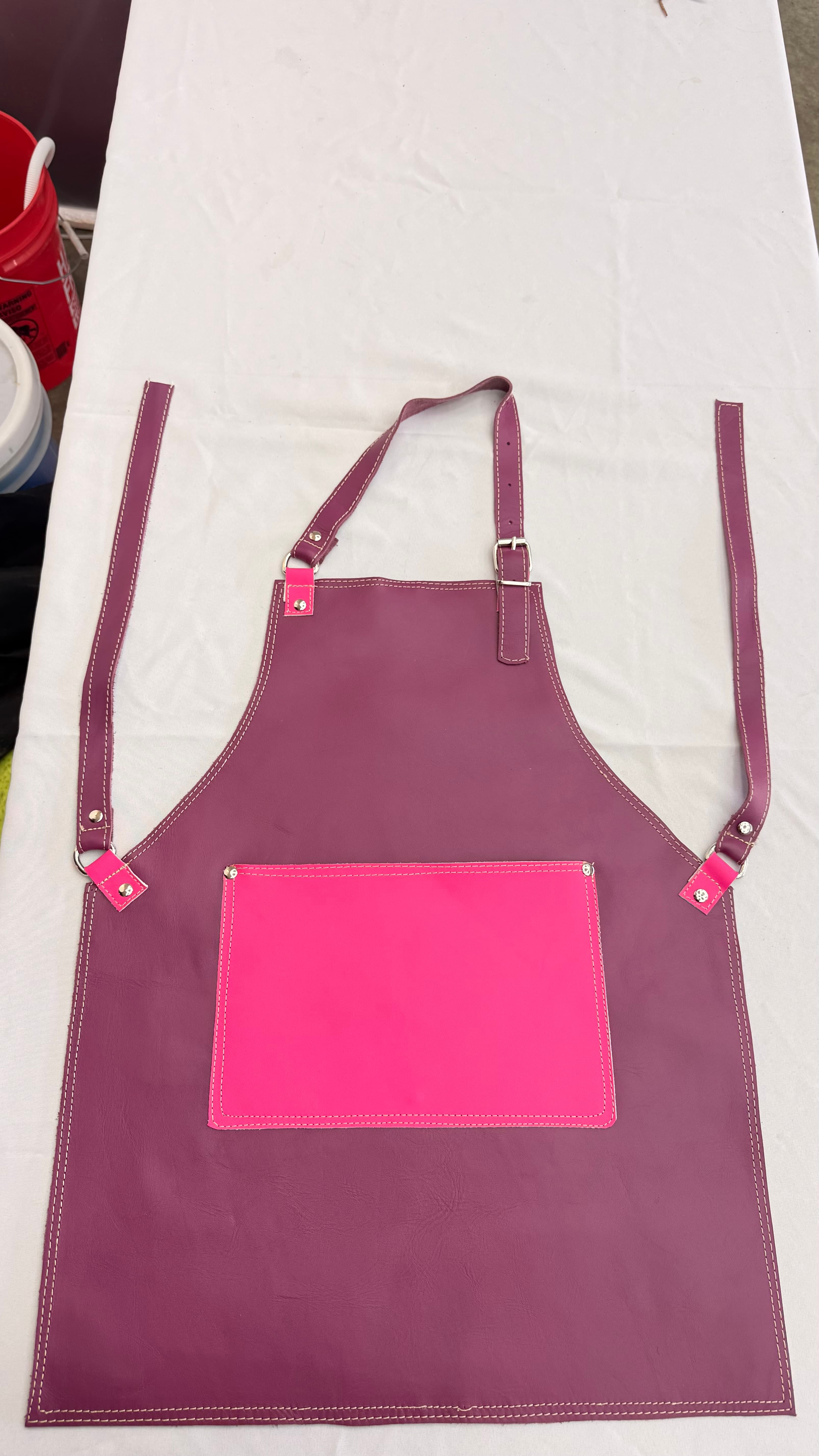 Wine Leather Apron with Hot Pink Pocket
